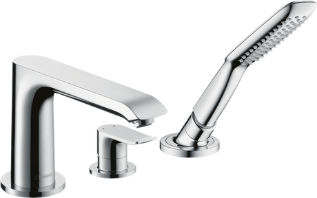 Hansgrohe Metris chrome 3-hole rim-mounted single lever bath mixer with hand shower and SoftRain spray modes