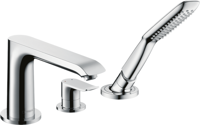 Hansgrohe Metris chrome 3-hole rim-mounted single lever bath mixer with hand shower and SoftRain spray modes