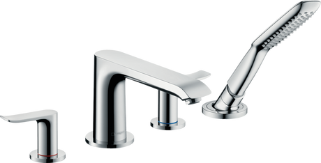 Hansgrohe Metris 4-hole rim-mounted chrome bath mixer with ceramic cartridge and handheld shower.