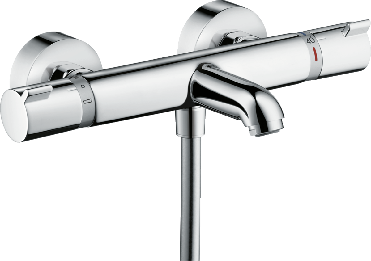 Hansgrohe Ecostat thermostatic bath mixer in polished chrome with exposed installation and temperature control.