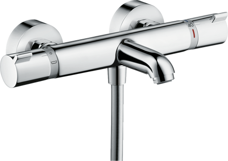 Hansgrohe Ecostat thermostatic bath mixer in polished chrome with exposed installation and temperature control.
