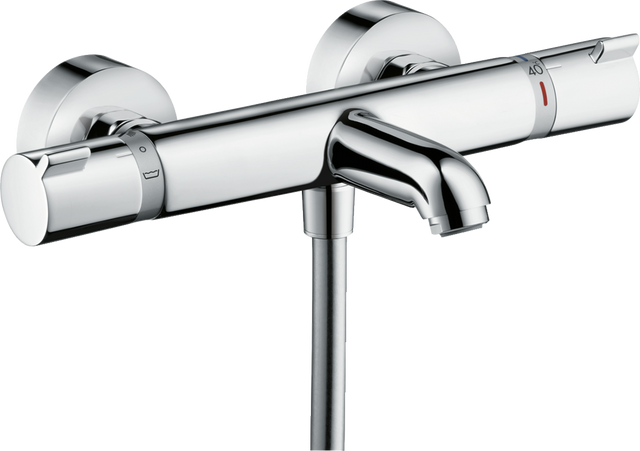 Hansgrohe Ecostat thermostatic bath mixer in polished chrome with exposed installation and temperature control.