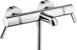 Hansgrohe Ecostat thermostatic bath mixer in chrome with extra-long handles, SafetyStop, EcoStop water-saving button, and exposed installation design.