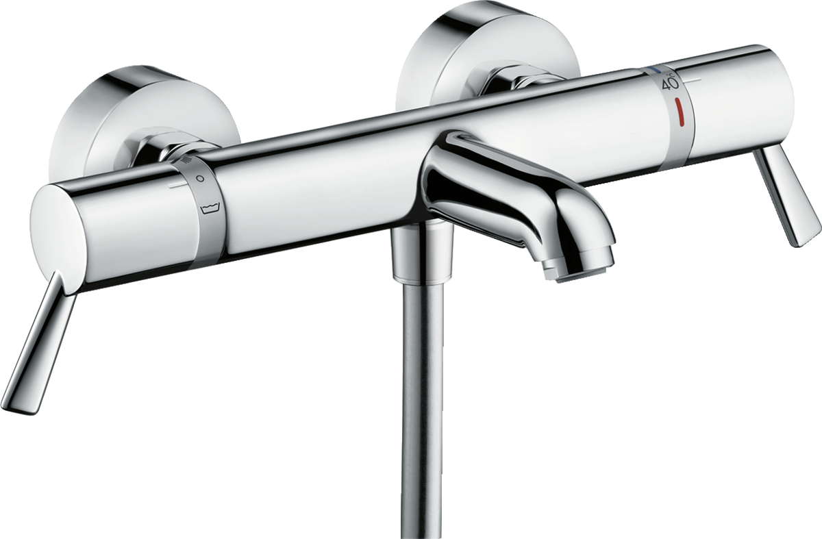 Hansgrohe Ecostat thermostatic bath mixer in chrome with extra-long handles, SafetyStop, EcoStop water-saving button, and exposed installation design.