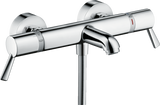 Hansgrohe Ecostat thermostatic bath mixer in chrome with extra-long handles, SafetyStop, EcoStop water-saving button, and exposed installation design.