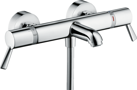 Hansgrohe Ecostat thermostatic bath mixer in chrome with extra-long handles, SafetyStop, EcoStop water-saving button, and exposed installation design.