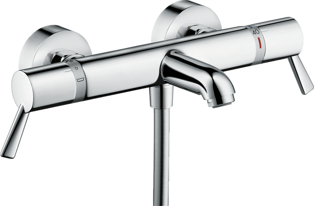 Hansgrohe Ecostat thermostatic bath mixer in chrome with extra-long handles, SafetyStop, EcoStop water-saving button, and exposed installation design.