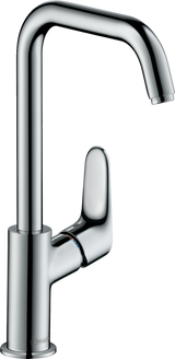 Hansgrohe Focus Single Lever Basin Mixer 240 with swivel spout in chrome finish, modern bathroom faucet with EcoSmart and QuickClean technology.
