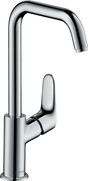 Hansgrohe Focus Single Lever Basin Mixer 240 with swivel spout in chrome finish, modern bathroom faucet with EcoSmart and QuickClean technology.