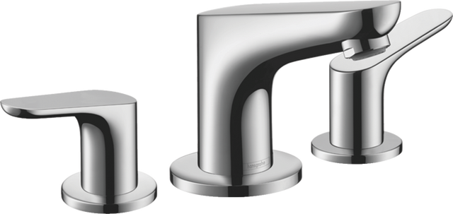 Hansgrohe Focus 3-hole Basin Mixer 100 with pop-up waste in chrome finish, modern deck-mounted bathroom faucet.