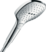 Hansgrohe Raindance Select E Hand Shower in chrome with three spray settings and EasySelect button