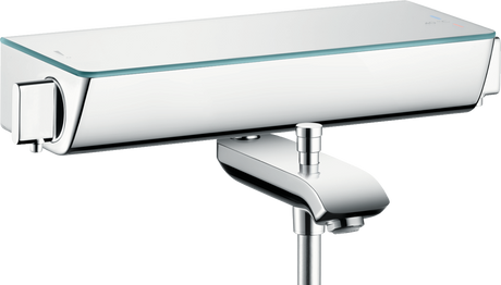 Hansgrohe Ecostat Select thermostatic bath mixer in white and chrome for exposed installation with sleek modern design and precise temperature control.