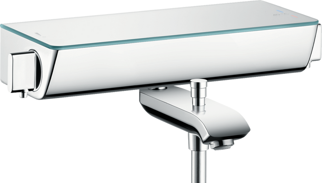 Hansgrohe Ecostat Select thermostatic bath mixer in white and chrome for exposed installation with sleek modern design and precise temperature control.