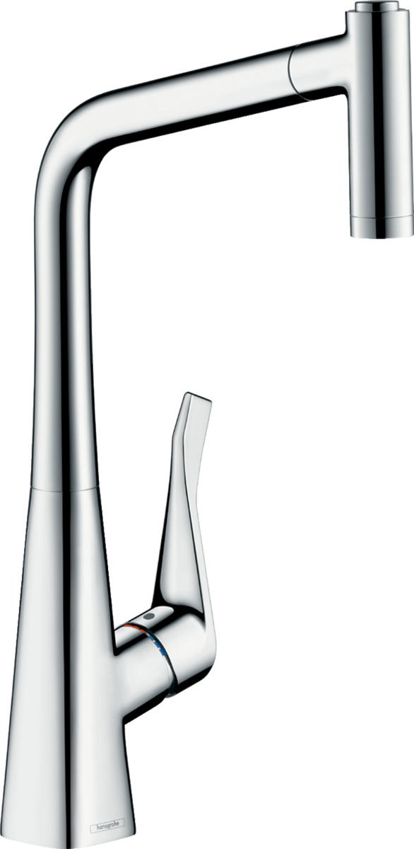 Hansgrohe Metris M71 chrome kitchen mixer with single lever and pull-out spray featuring two spray modes and high arc spout