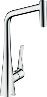 Hansgrohe Metris M71 chrome kitchen mixer with single lever and pull-out spray featuring two spray modes and high arc spout