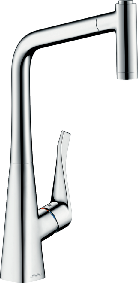 Hansgrohe Metris M71 chrome kitchen mixer with single lever and pull-out spray featuring two spray modes and high arc spout