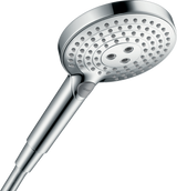Hansgrohe Raindance Select S chrome hand shower with three spray modes and Select button for easy switching