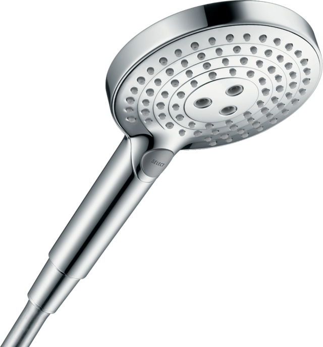 Hansgrohe Raindance Select S chrome hand shower with three spray modes and Select button for easy switching