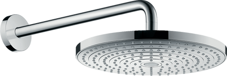 Hansgrohe Raindance Select S chrome overhead shower with 300mm round showerhead and shower arm, featuring two spray modes and QuickClean anti-limescale function.