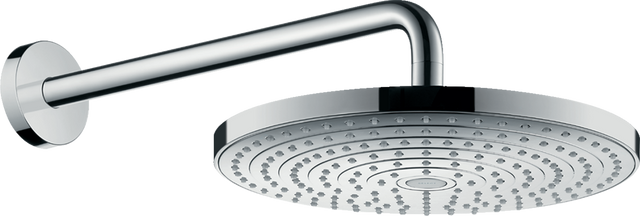 Hansgrohe Raindance Select S chrome overhead shower with 300mm round showerhead and shower arm, featuring two spray modes and QuickClean anti-limescale function.