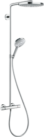 Hansgrohe Raindance Select S Showerpipe with chrome finish, dual spray settings, thermostatic mixer, and handheld showerhead
