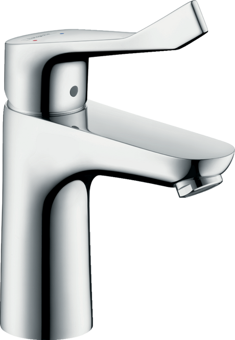 Hansgrohe Focus Single Lever Basin Mixer in chrome with extra-long handle, sleek design, and water-efficient functionality.