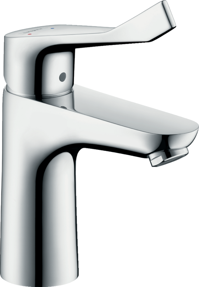 Hansgrohe Focus Single Lever Basin Mixer in chrome with extra-long handle, sleek design, and water-efficient functionality.