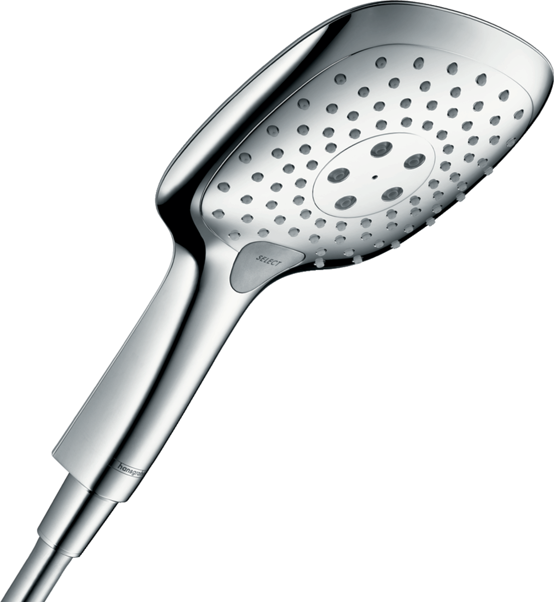 Hansgrohe Raindance Select E Hand Shower in chrome with three spray modes and EcoSmart technology