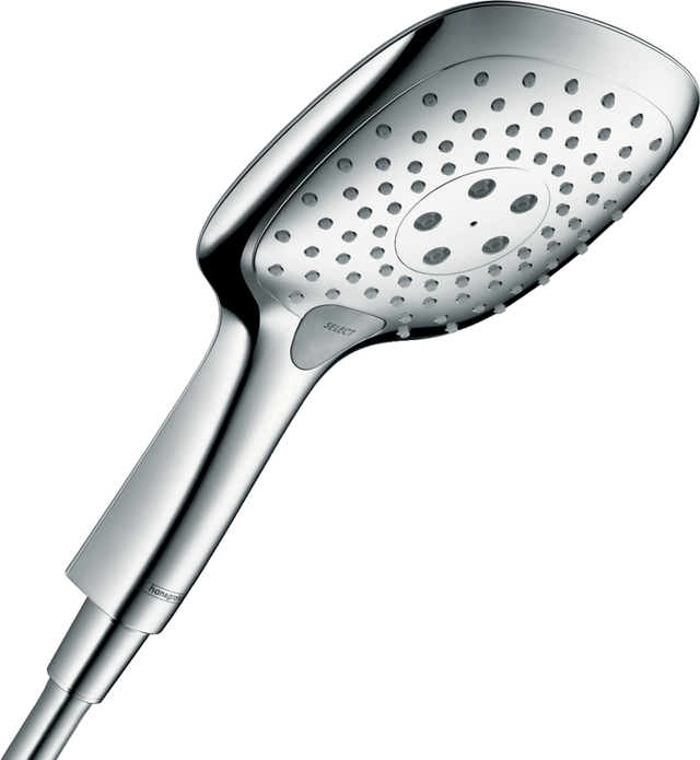 Hansgrohe Raindance Select E hand shower with 150mm chrome head, 3 spray modes, EcoSmart water-saving technology, and QuickClean feature