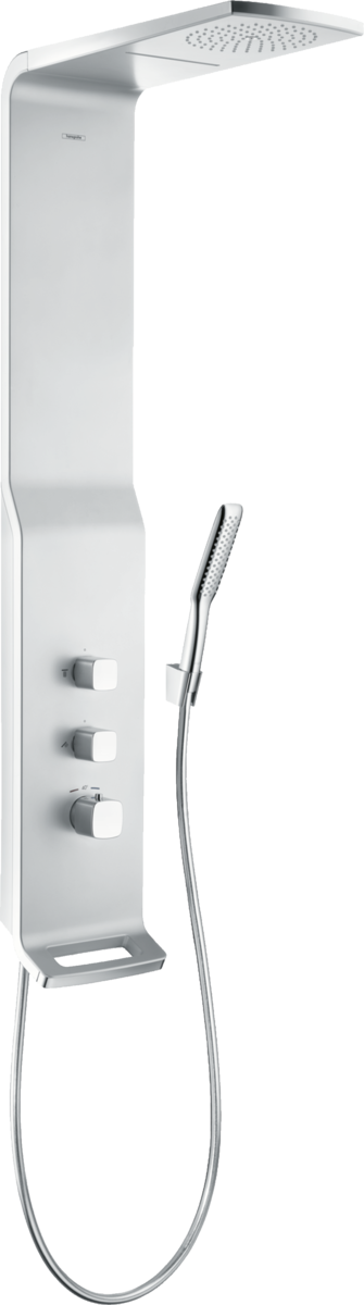 Hansgrohe Raindance Shower Panel Lift 180 2jet in satin chrome with height adjustment and multiple jet functions for a luxury shower experience