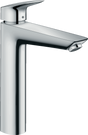 Hansgrohe Logis Single Lever Basin Mixer in chrome with two flow rates and integrated pop-up waste, featuring sleek modern design and durable construction.