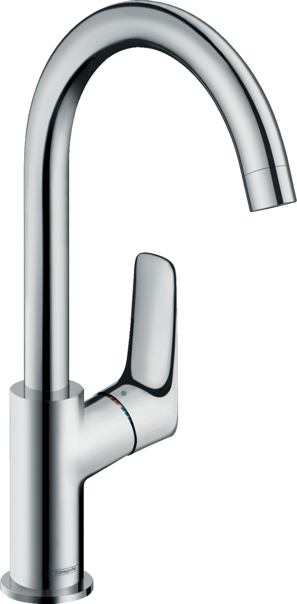 Hansgrohe Logis Single Lever Basin Mixer in chrome with high-arch swivel spout and single lever control, eco-friendly design without waste.