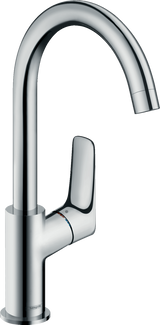 Hansgrohe Logis Single Lever Basin Mixer in chrome with high-arch swivel spout and single lever control, eco-friendly design without waste.