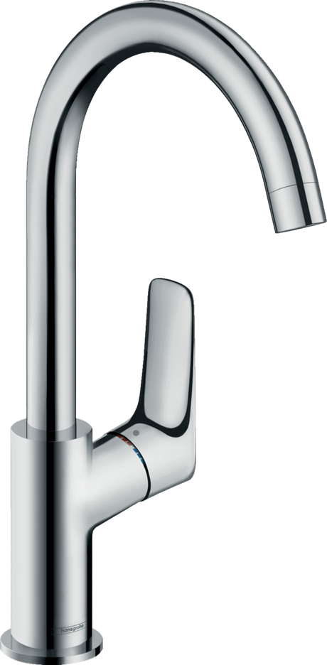 Hansgrohe Logis Single Lever Basin Mixer in chrome with high-arch swivel spout and single lever control, eco-friendly design without waste.