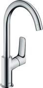 Hansgrohe Logis Single Lever Basin Mixer in chrome with high-arch swivel spout and single lever control, eco-friendly design without waste.