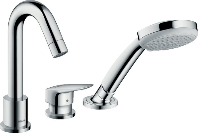 Hansgrohe Logis 3-hole rim-mounted bath mixer in chrome with single lever and hand shower
