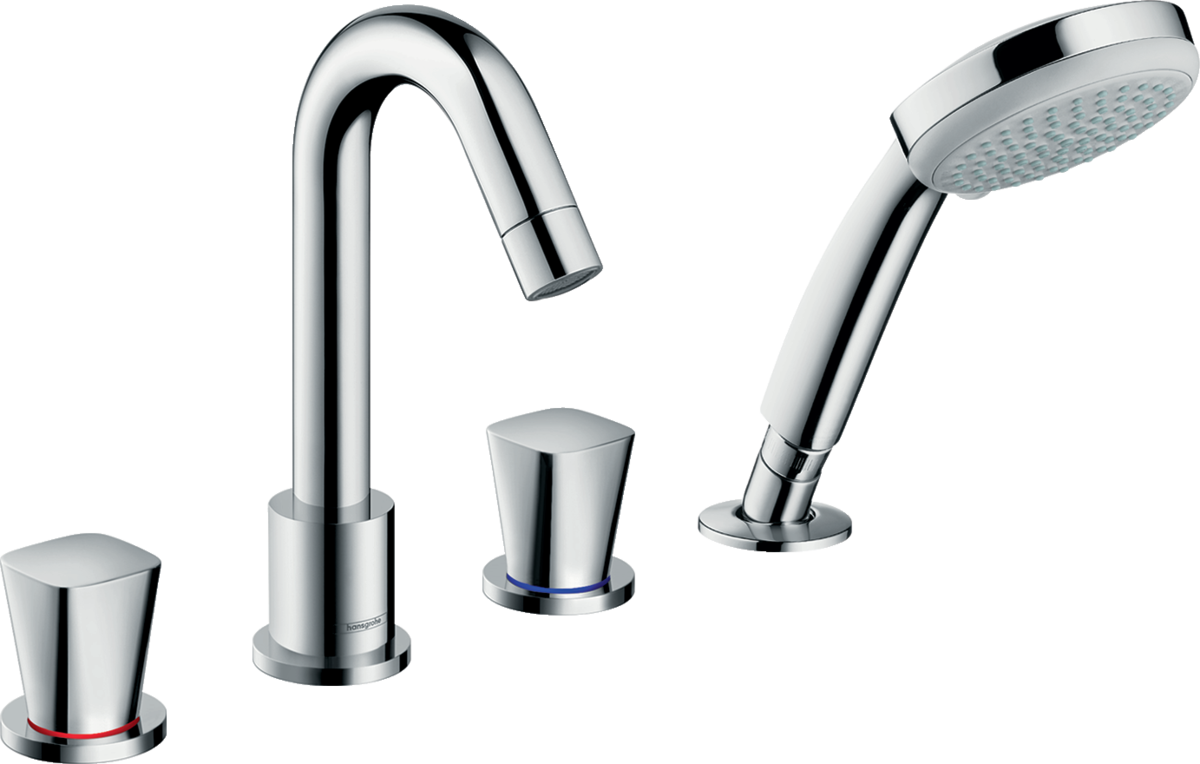 Hansgrohe Logis 4-hole chrome rim-mounted bath mixer with two handles and handheld showerhead