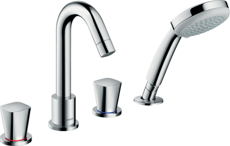 Hansgrohe Logis 4-hole chrome rim-mounted bath mixer with two handles and handheld showerhead