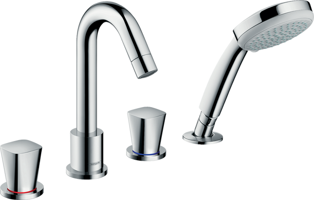 Hansgrohe Logis 4-hole chrome rim-mounted bath mixer with two handles and handheld showerhead