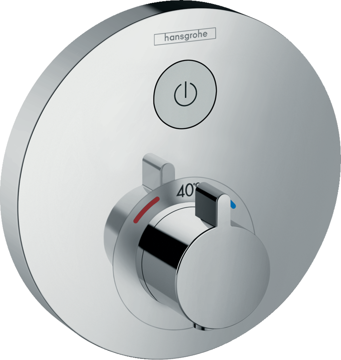 Hansgrohe Showerselect S thermostatic mixer with chrome finish and concealed installation for precise temperature control and one outlet.