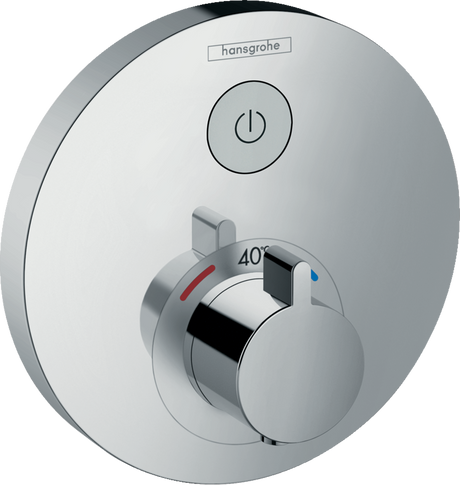 Hansgrohe Showerselect S thermostatic mixer with chrome finish and concealed installation for precise temperature control and one outlet.