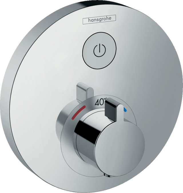 Hansgrohe Showerselect S thermostatic mixer with chrome finish and concealed installation for precise temperature control and one outlet.