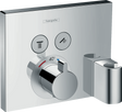 Hansgrohe Showerselect thermostatic mixer with concealed installation, dual outlets, hose connection, shower holder, and chrome finish.