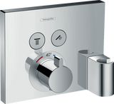 Hansgrohe Showerselect thermostatic mixer with concealed installation, dual outlets, hose connection, shower holder, and chrome finish.