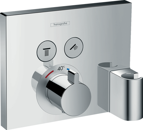 Hansgrohe Showerselect thermostatic mixer with concealed installation, dual outlets, hose connection, shower holder, and chrome finish.