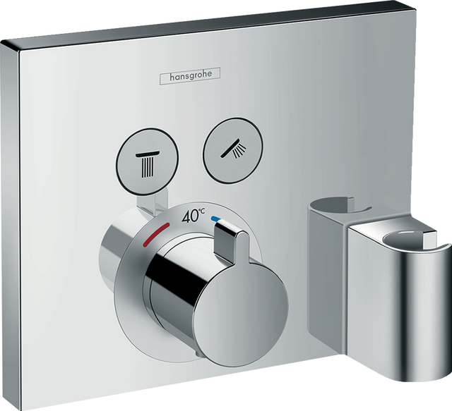 Hansgrohe Showerselect thermostatic mixer with concealed installation, dual outlets, hose connection, shower holder, and chrome finish.