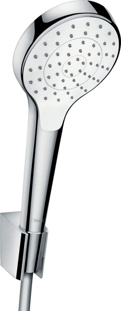 Hansgrohe Croma Select S shower holder set with 110 1jet showerhead, white/chrome finish, and 1600mm flexible shower hose