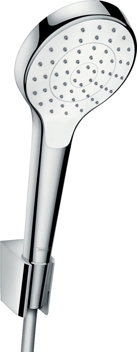 Hansgrohe Croma Select S chrome and white handheld showerhead with wall holder and flexible hose