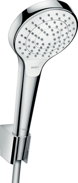Hansgrohe Croma Select S chromed hand shower with select button and 1600mm hose in white and chrome finish