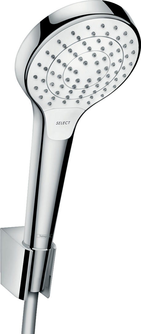 Hansgrohe Croma Select S white and chrome showerhead with select button and hose